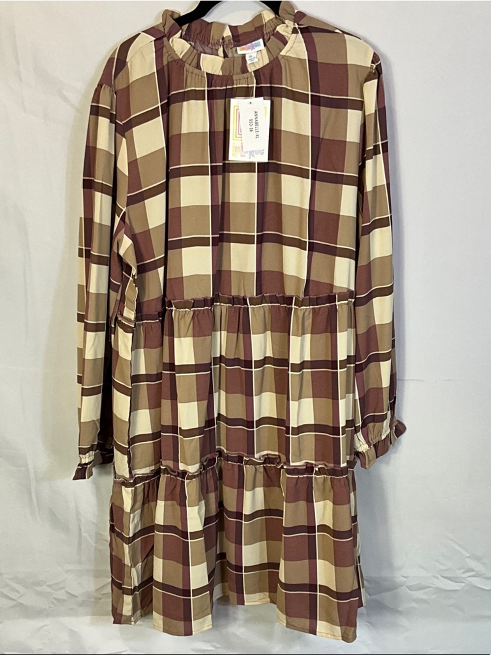 LuLaRoe Annabelle Plaid Ruffle-Neck Tiered Dress in Brown and Cream Size XL